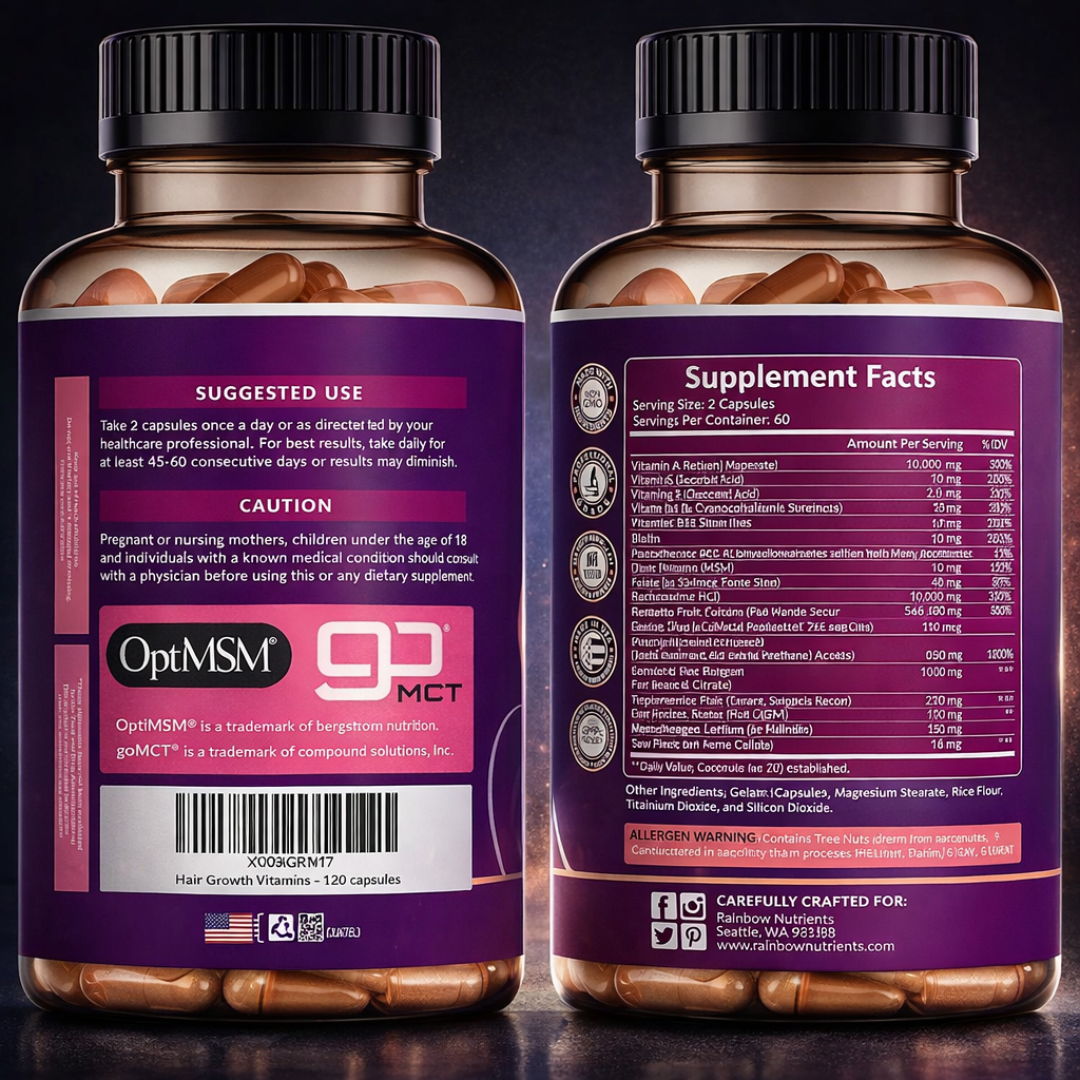 Rainbow Nutrients Advanced Hair Growth 120 Cápsulas – Vitaminas para Crecimiento del Cabello con Biotina 10,000 mcg | Original Importado USA